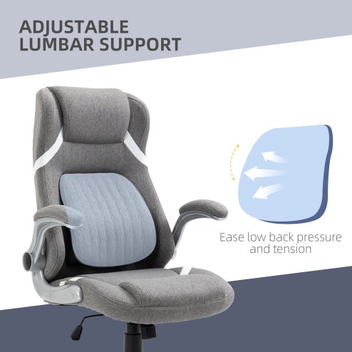 Vinsetto High Back Executive Office Chair, Fabric Office Desk Chair with Flip-up Armrests, Adjustable Lumbar Support and Tilt Function, Grey