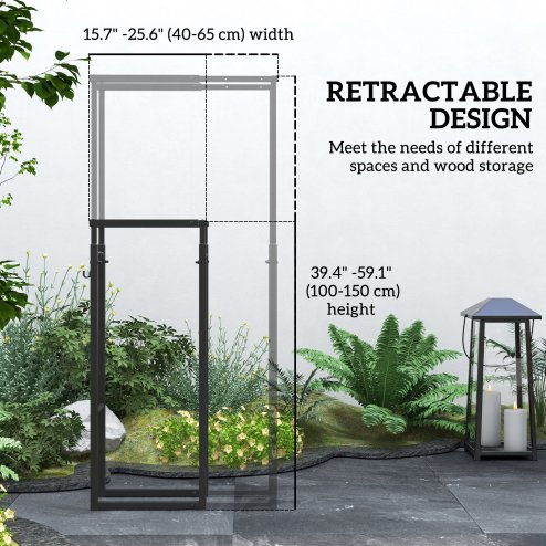 Outsunny Firewood Log Rack, Retractable Metal Wood Store Holder, Indoor Outdoor Fireplace Log Storage Shelf with Hooks, 65 x 25 x 150 cm, Black