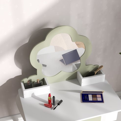 ZONEKIZ Dressing Table with Mirror and Stool, Kids Vanity Table with Drawer, Storage Boxes, Beauty Flower Design Girls Dressing Table for Ages 3-6 Years - White