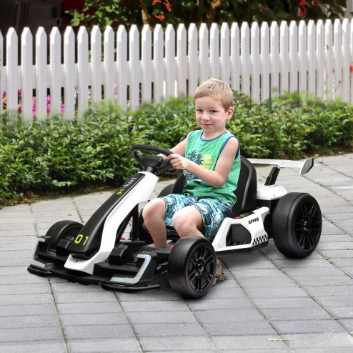 HOMCOM 24V Electric Go Kart for Kids, Ride On Racing Kart with Adjustable Seat, Battery Powered Drifting Ride On Car with Music, Light, Slow Start, Button Start, Horn, for 6-12 Years, White