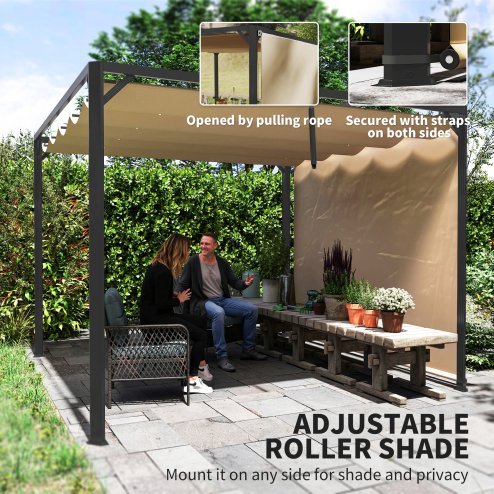 Outsunny 3 x 3(m) Garden Pergola with Retractable Roof Canopy, Aluminium Pergola Kit Gazebo with Roller Shade, UPF30+ Sun Shade Shelter for Porch, Khaki