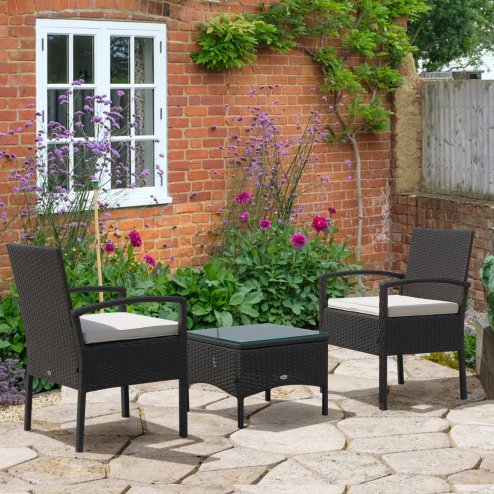 Outsunny 3 Pieces Rattan Bistro Set, Wicker Garden Furniture Set with Glass Top Coffee Table and Chairs, Washable Cushions for Outdoor, Patio, Balcony, Brown