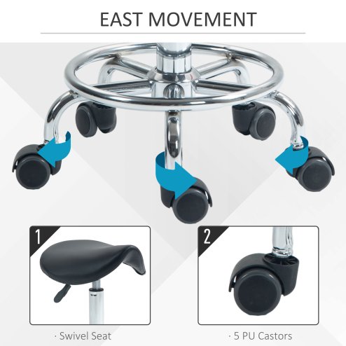 HOMCOM Saddle Stool, PU Leather Adjustable Rolling Salon Chair for Massage, Spa, Clinic, Beauty, Hairdressing and Tattoo, Black