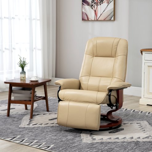 HOMCOM Manual Recliner Chair Armchair Sofa with Faux Leather Upholstered Wooden Base for Living Room Bedroom, Cream White Image