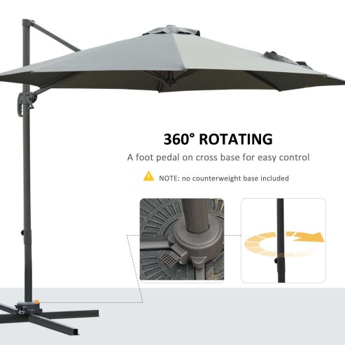 Outsunny 3(m) Patio Offset Parasol Roma Umbrella Cantilever Hanging Sun Shade Canopy Shelter Tilt 360 Rotation with Aluminium Frame Hand Crank Cross Base, Dark Grey