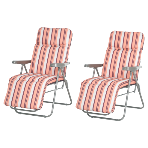 Outsunny Reclining Garden Chair Set of 2, 5-Level Adjustable Zero Gravity Chairs with Cushions, Folding Sun Lounger Garden Recliner Chairs with Armrests for Outdoor, Patio, Orange Stripe