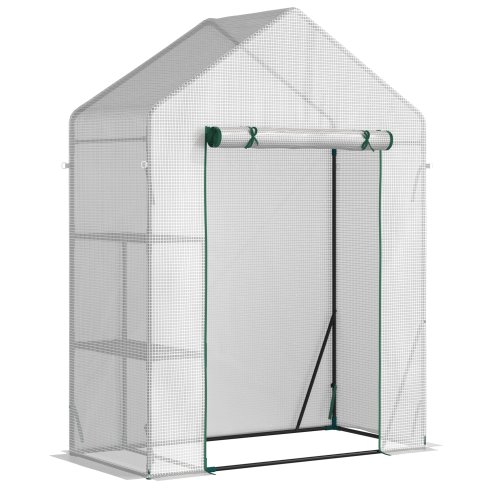 Outsunny Walk In Greenhouse with 2 Tier Shelf, Portable Gardening Plant Grow House Tomato Greenhouse with Roll up Zip Panel Door, Reinforced PE Cover, 143 x 73 x 195cm, Green