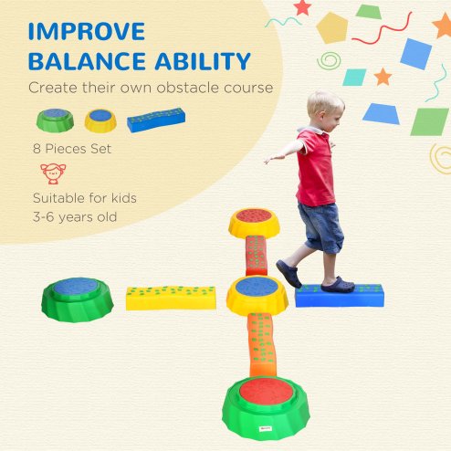 Outsunny 8 PCS Kids Stepping Stones Balance Beam w/ Non-Slip Surface and Bottom, Stackable Stepping Stones for Toddler