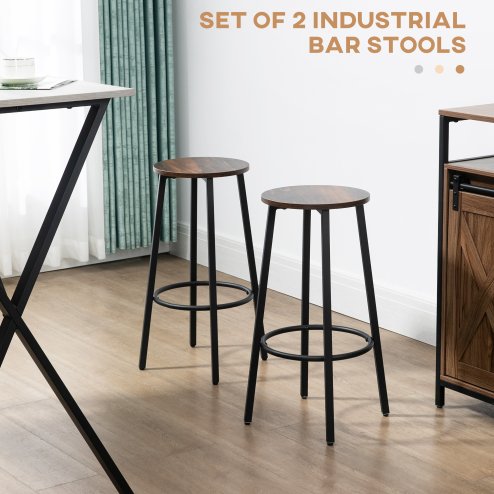 HOMCOM Bar Stools, Set of 2 Kitchen Breakfast Stools with Sturdy Steel Frame, Industrial Tall Bar Chairs, 65cm High Seat, Rustic Brown