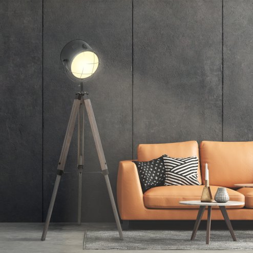 HOMCOM Floor Lamp with Adjustable Tripod for Living Room Bedroom, Vintage Spotlight Reading Lamp with Wood Legs, 115-155cm, Grey Image