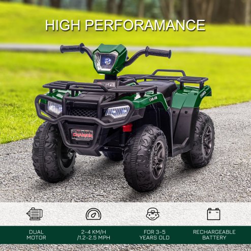 HOMCOM 12V Electric Quad Bike for Kids, Ride-On Car w/ Forward, Reverse Functions, Music, LED Headlights, for Ages 3-5 Years - Green