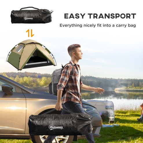 Outsunny Camping Tent, 3-4 Man Family Dome Tent, 2000mm Waterproof, with Carry Bag and Top Hook, for Fishing Hiking Festival, Quick Setup, Dark Green