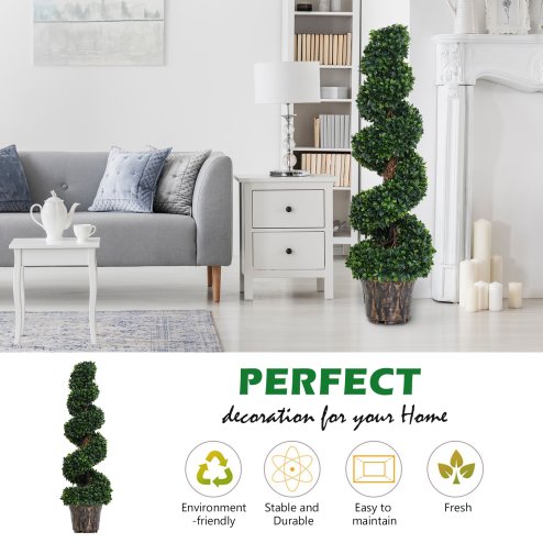 Outsunny Set of 2 Artificial Boxwood Spiral Topiary Trees Potted Decorative Plant Indoor D??cor 120cm