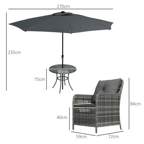 Outsunny 4 Seater Rattan Dining Set with Parasol, Luxury Rattan Garden Furniture Set with Seat and Back Cushions, Outdoor Table and Chairs, Round Glass Top Table