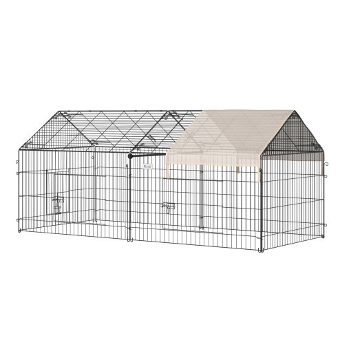 PawHut Rabbit Run Playpen, Guinea Pig Cage with Pitched Roof, Sun Protection Cover, 220 x 103 x 103 cm, Metal Enclosure for Small Animals, Chickens, Ferrets, Beige