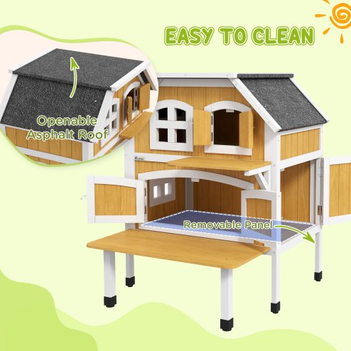 PawHut Wooden Outdoor Cat House, 2 Tiers Cat Shelter with Openable Asphalt Roof, Removable Panel, Escape Doors, Jumping Platform, Terrace, for 1-2 Cats - Yellow