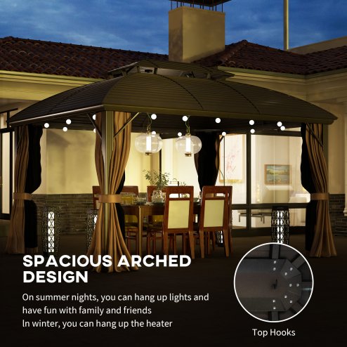 Outsunny 3.65 x 3(m) Hardtop Steel Gazebo Canopy for Patio Heavy Duty Outdoor Pavilion with Aluminium Alloy Frame, Double Roof, Net Sidewalls and Curtains, Coffee