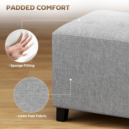 HOMCOM Square Footstool, Small Ottoman with Side Pocket, Linen Fabric Footrest Foot Stool with Rubber Wood Legs and Padded Seat for Living Room, Bedroom, Entryway, 35 x 35 x 35cm, Light Grey