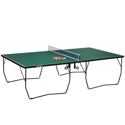 SPORTNOW 9FT Folding Table Tennis Table, Portable Full-Size Ping Pong Table w/ 8 Wheels, 2 Bats, 3 Balls, Quick Set-Up Indoor Game Table - Green