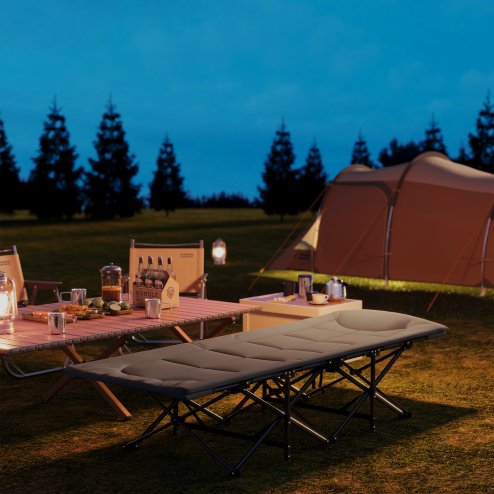 Outsunny Folding Camping Bed for Adults with Cushion, Heavy Duty Portable Travel Camping Cot with Headrest, Side Pocket and Non-Slip Foot Pads for Outdoor Beach Travel Office, Grey