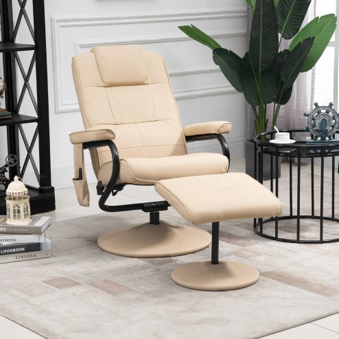 HOMCOM Manual Sofa Reclining Armchair PU Leather Massage Recliner Chair and Ottoman, Cream Image