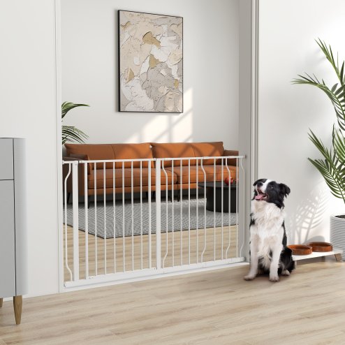 PawHut Dog Gate Wide Stair Gate w/ Door Pressure Fit Pets Barrier for Doorway, Hallway, 76H x 75-145W cm - White