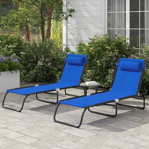 Outsunny 2 Piece Foldable Sun Loungers, Outdoor 4 Level Adjustable Backrest Reclining Chaise Chairs, Steel Frame Recliner Chair for Camping, Hiking, Navy Blue