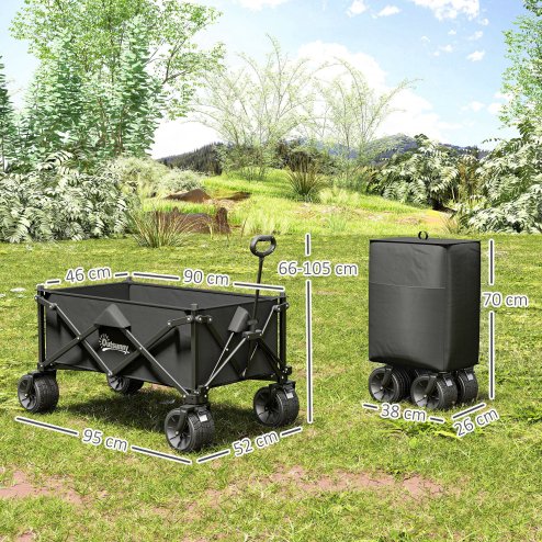 Outsunny 110L Festival Trolley on Wheels, Folding Camping Trolley Cart with Telescopic Handle, Carry Bag and All-Terrain Big Wheels, for Garden, Beach, Fishing, Black