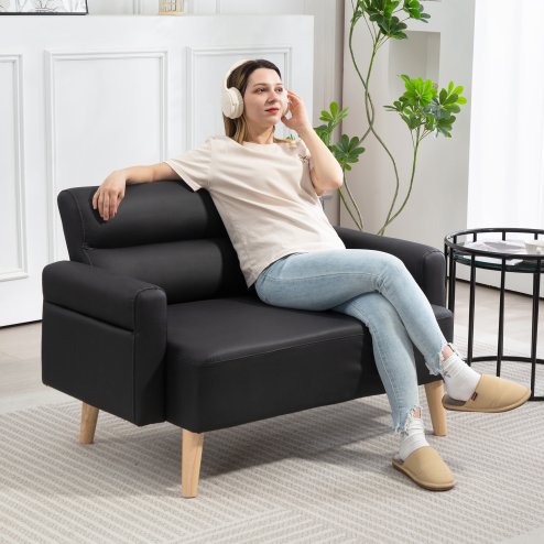 HOMCOM 2 Seater Sofa, Modern Faux Leather Couch Settee, Upholstered Small Sofa Loveseat with Wood Legs, Side Pocket for Living Room, Bedroom, Office, Black Image