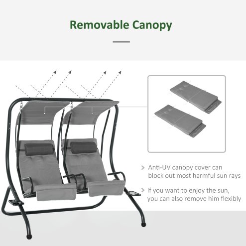 Outsunny Canopy Swing Chair Modern Garden Swing Seat Outdoor Relax Chairs with Removable Cushion, Headrest and Removable Shade Canopy, Grey