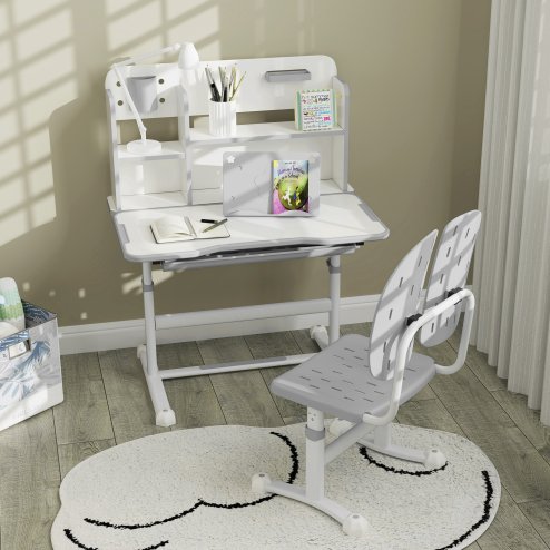 AIYAPLAY Kids Desk and Chair Set, Height Adjustable Children School Study Desk, Student Writing Desk with Tiltable Desktop Drawer, Pen Slot, Reading Rack for Ages 3-13 Years, Grey