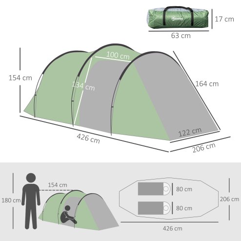Outsunny 2-3 Person Tunnel Tent with Sewn-in Groundsheet, Air Vents, Rainfly, 2000mm Water Column, Camping Tent with 1 Bedroom, Inbuilt Porch, Living Area for Camping, Hiking, Green