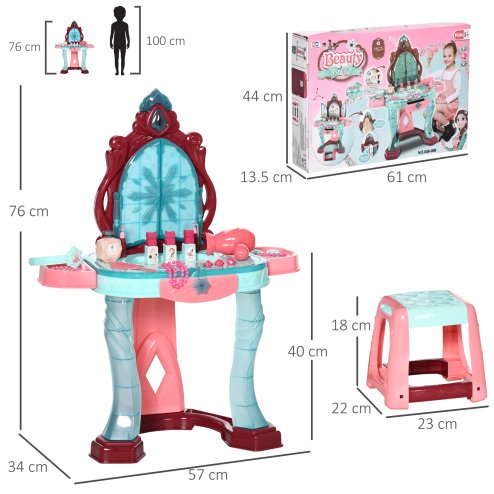 AIYAPLAY 31 Pieces Kids Dressing Table Set with Magical Princess Mirror, Music Lights, Makeup Accessories, Hair Dryer, Chair, Drawer for Ages 3-6 Years