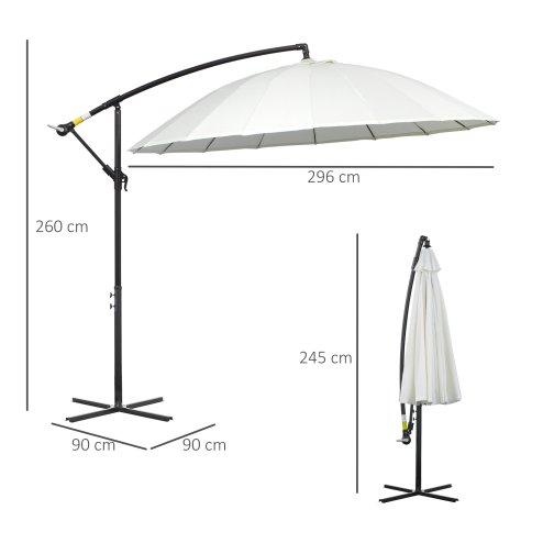 Outsunny 3(m) Cantilever Shanghai Parasol Garden Hanging Banana Sun Umbrella with Crank Handle, 18 Sturdy Ribs and Cross Base, White