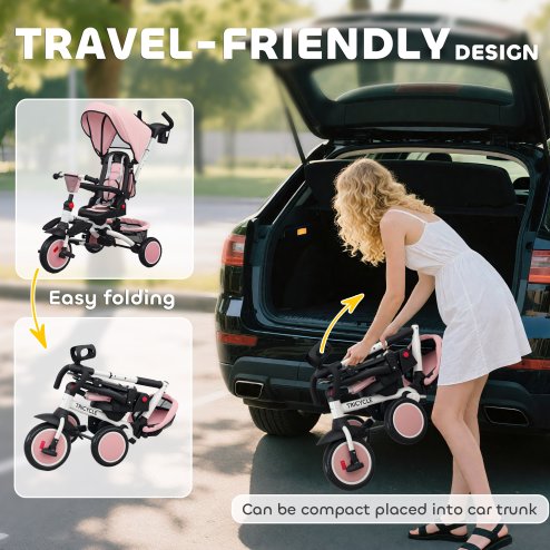 AIYAPLAY Kids Trike, 6 in 1 Toddler Tricycle with Adjustable Parent Handle & Canopy, Convertible Seat, for Ages 1-5 Years, Foldable Baby Trike with Safety Harness, Storage Basket & Bag, Pink