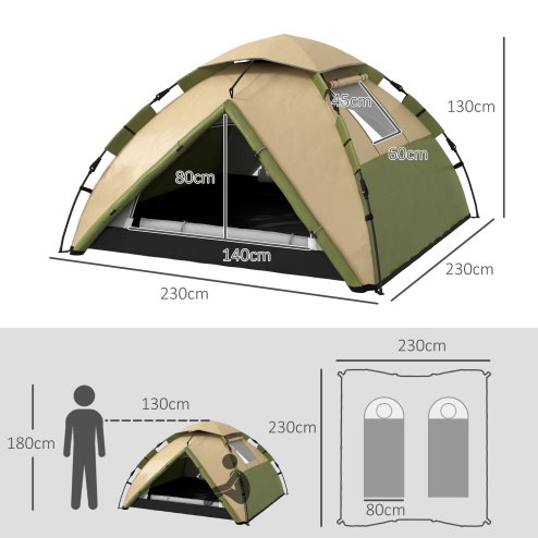 Outsunny Camping Tent, 3-4 Man Family Dome Tent, 2000mm Waterproof, with Carry Bag and Top Hook, for Fishing Hiking Festival, Quick Setup, Dark Green