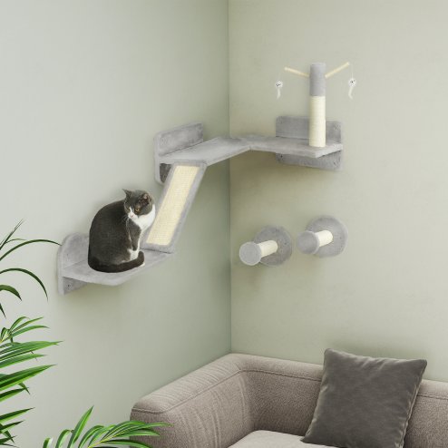 PawHut Cat Wall Furniture, 3 Piece Cat Shelves with Scratching Posts, Scratching Pads, Perches, Cat Wands, Toy Balls, Corner Design Cat Wall Shelves for Indoor Cats, Kittens, Light Grey