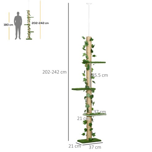 PawHut 242cm Floor to Ceiling Cat Tree for Indoor Cats with Leaves, Height Adjustable Cat Climbing Tower with Scratching Post, Anti-Slip Kit - Green