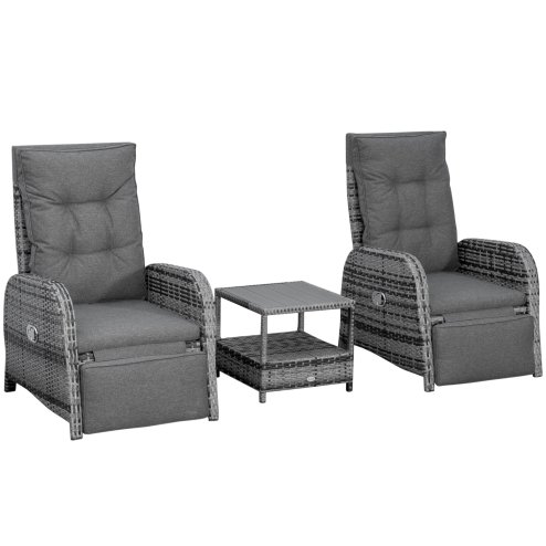 Outsunny 3 Pieces Rattan Bistro Set, Wicker Balcony Furniture Set with Reclining Sun Loungers, 2-Tier Coffee Table and Cushions, 2 Seater Garden Furniture for Outdoor Patio Balcony, Mixed Grey