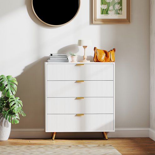 HOMCOM Bedroom Chest of Drawers with 4 Drawers, Fluted Dresser with Gold Tone Handles, Storage Cabinet for Bedroom, Living Room, Hallway, Entryway, White