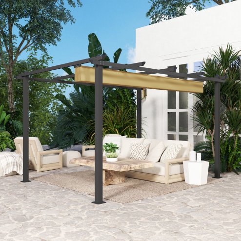 Outsunny 3 x 4m Pergola with Retractable Roof, Aluminium Frame Garden Gazebo Canopy Outdoor Sun Shade Shelter for Grill, Patio, Deck, Khaki