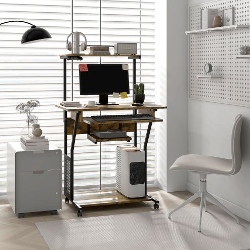 HOMCOM Mobile Computer Desk with Keyboard Tray, Rolling Study Table with Storage Shelves and Wheels, Industrial Writing Desk for Home Office, 80 x 50 x 130cm, Rustic Brown