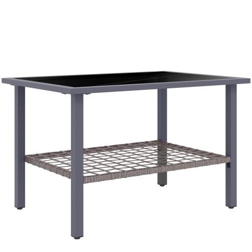 Outsunny Outdoor Rattan Coffee Table, Rectangular Tea Side Table with Tempered Glass Top, Storage Shelf, Foot Pads, Garden Furniture for Patio, Balcony, Mixed-grey Image