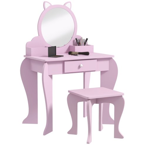 ZONEKIZ Kids Dressing Table, Kids Vanity Table, Girls Dressing Table with Mirror, Stool, Drawer, Storage Boxes, Cat Design, for Ages 3-6 Years - Pink Image
