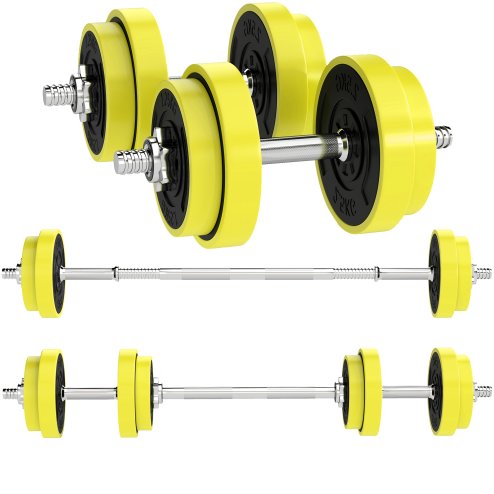 HOMCOM 20KGS 2-In-1 Dumbbell & Barbell Adjustable Set Strength Muscle Exercise Fitness Plate Bar Clamp Rod Home Gym Sports Area, Yellow Image