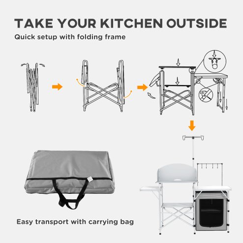Outsunny Camping Kitchen with Storage Cupboard, Folding Camping Table, Aluminium Portable Picnic Table with Windshield, Light Stand, Carrying Bag for BBQ, Silver