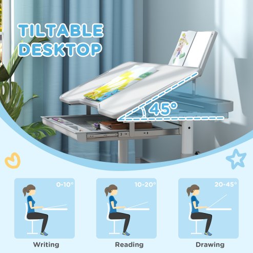 AIYAPLAY Kids Desk and Chair Set, Height Adjustable School Study Table Chair Set with Tilted Desktop, Storage Drawer, Book Stand, for Writing Reading, kids Aged 3-12 Years, Grey