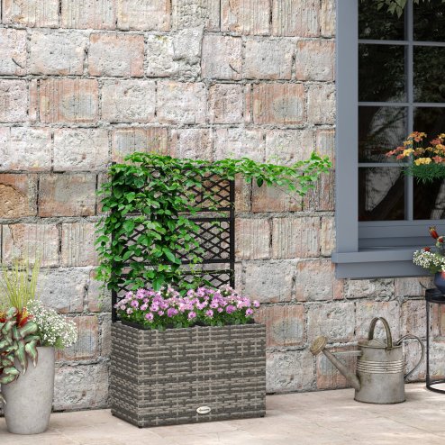 Outsunny 22 L Rattan Planter with Trellis, Freestanding Raised Beds for Garden with Two Plant Boxes, Outdoor Planter for Climbing Plants, Flowers, 57 x 30 x 107 cm, Mixed Grey