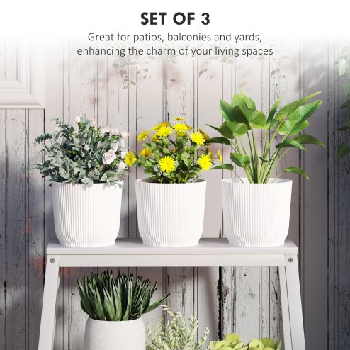 Outsunny Set of 3 Plastic Round Plant Pots Outdoor 22cm, Garden Planters, Flower Pots for Garden Decoration, Patios, Indoor, Outdoor, Home, White