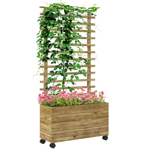 Outsunny Outdoor Wooden Planters with Trellis Free Standing Flower Raised Beds for Garden with 4 Wheels for Climbing Plants, 76 x 30 x 155cm, Natural